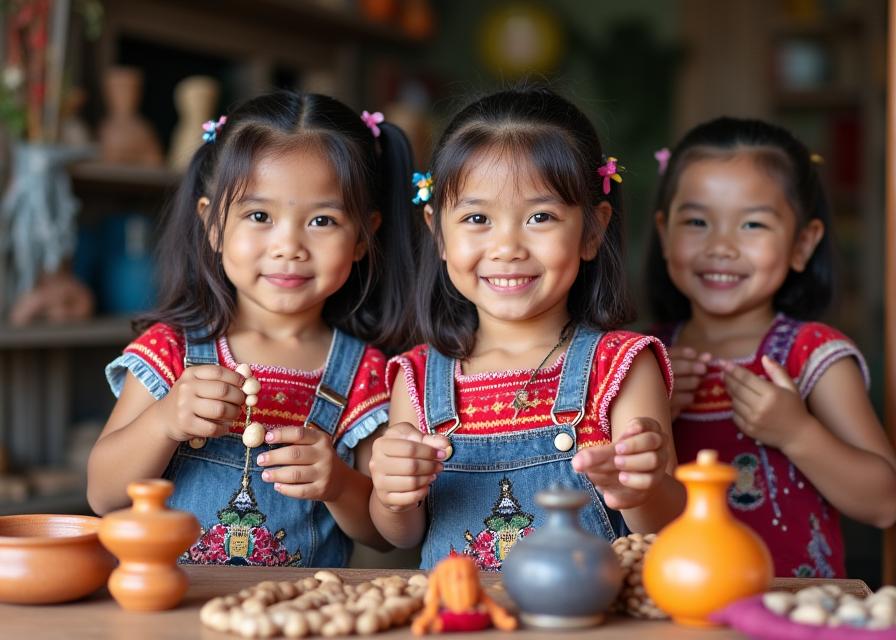 Mga batang Pilipino na gumagawa ng traditional crafts